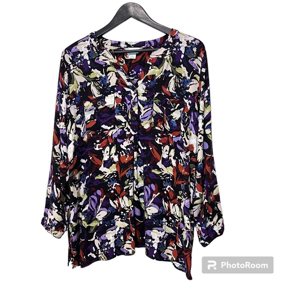 CJ Banks Floral Print V-Neck Blouse - Picture 1 of 11